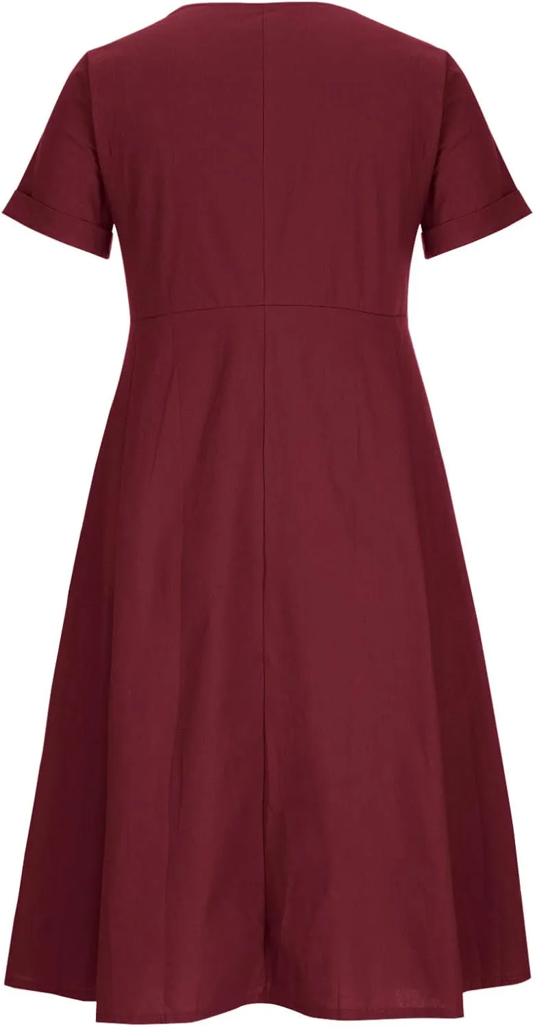 Summer Dresses for Women 2025 Plus Size Flowy Cotton Linen Button Down Sundress Short Sleeve Vacation Beach Dress