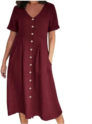Summer Dresses for Women 2025 Plus Size Flowy Cotton Linen Button Down Sundress Short Sleeve Vacation Beach Dress