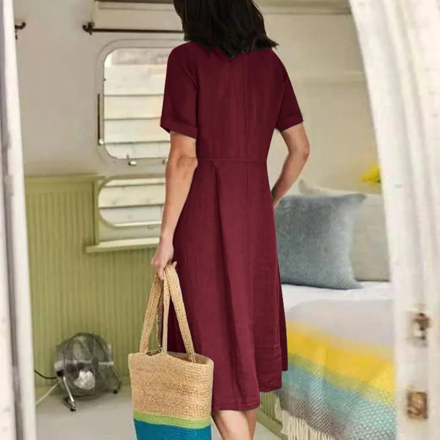 Summer Dresses for Women 2025 Plus Size Flowy Cotton Linen Button Down Sundress Short Sleeve Vacation Beach Dress