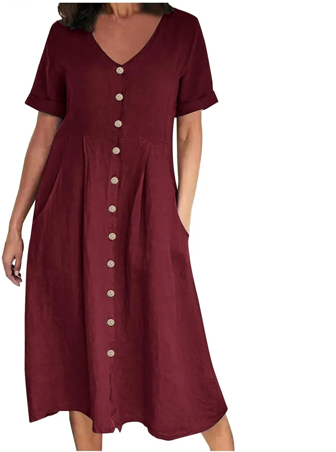 Summer Dresses for Women 2025 Plus Size Flowy Cotton Linen Button Down Sundress Short Sleeve Vacation Beach Dress