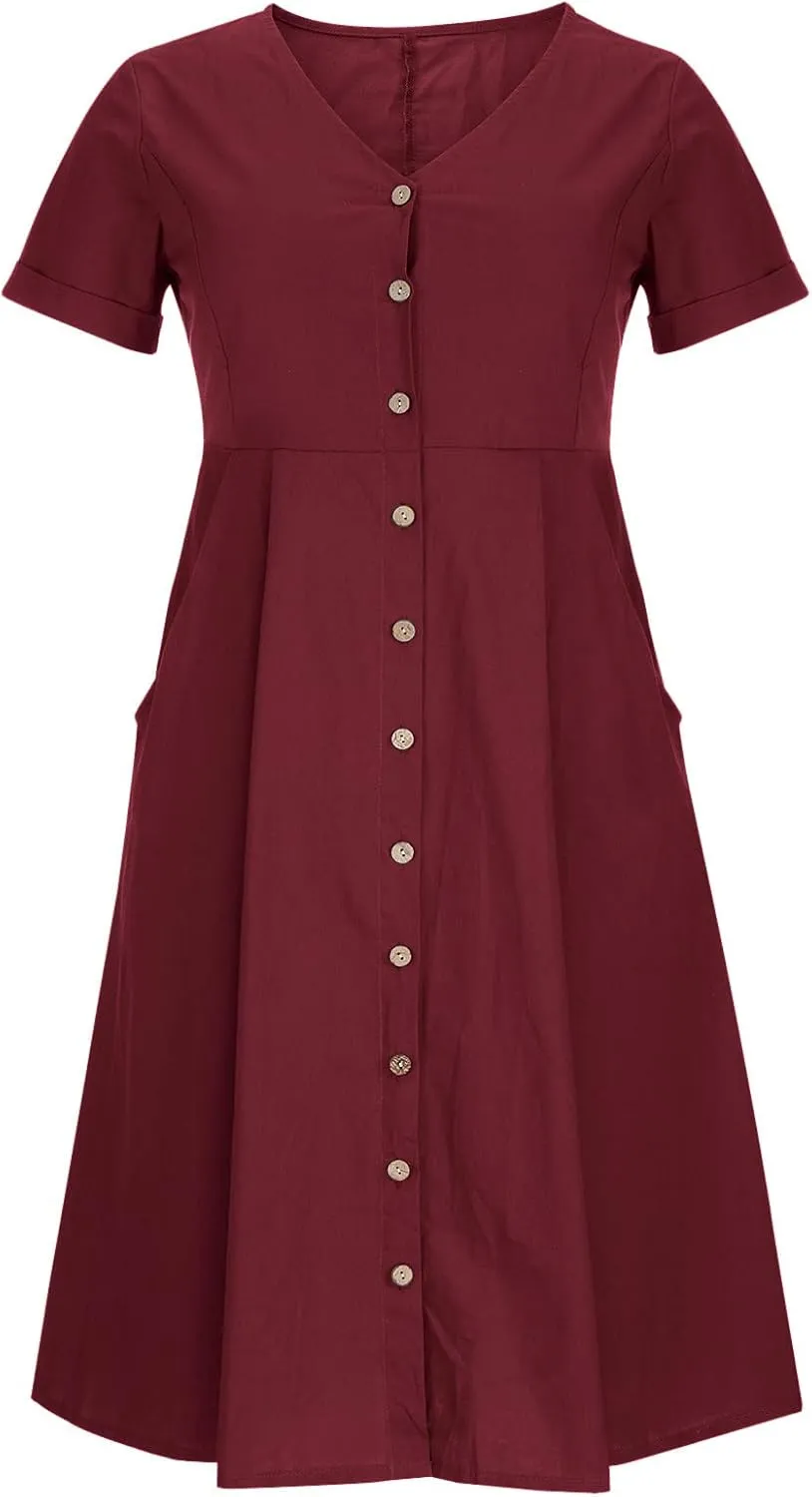 Summer Dresses for Women 2025 Plus Size Flowy Cotton Linen Button Down Sundress Short Sleeve Vacation Beach Dress