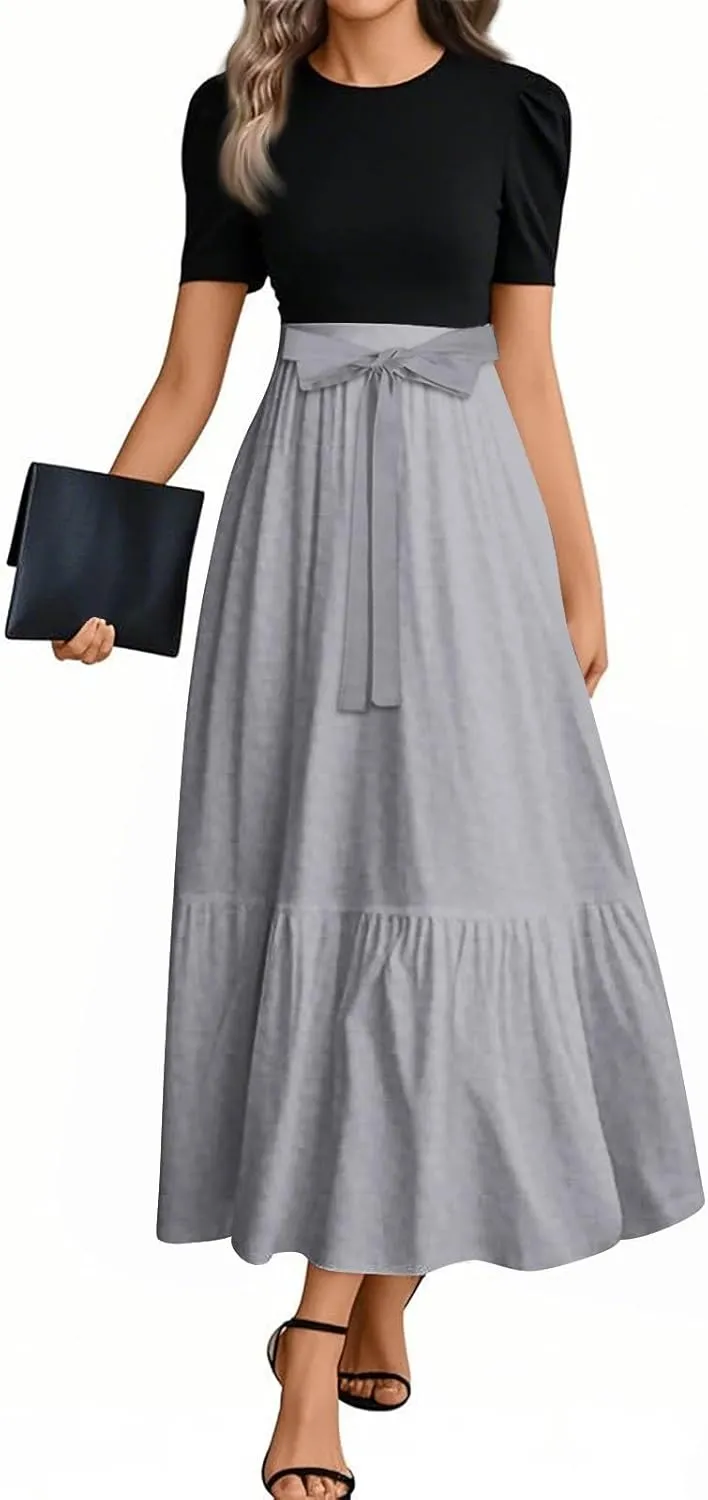 Summer Dresses for Women 2025 Short Sleeve Long Sundress Patchwork Maxi Dress Flowy Floral Ruffle Hem a Line Dress
