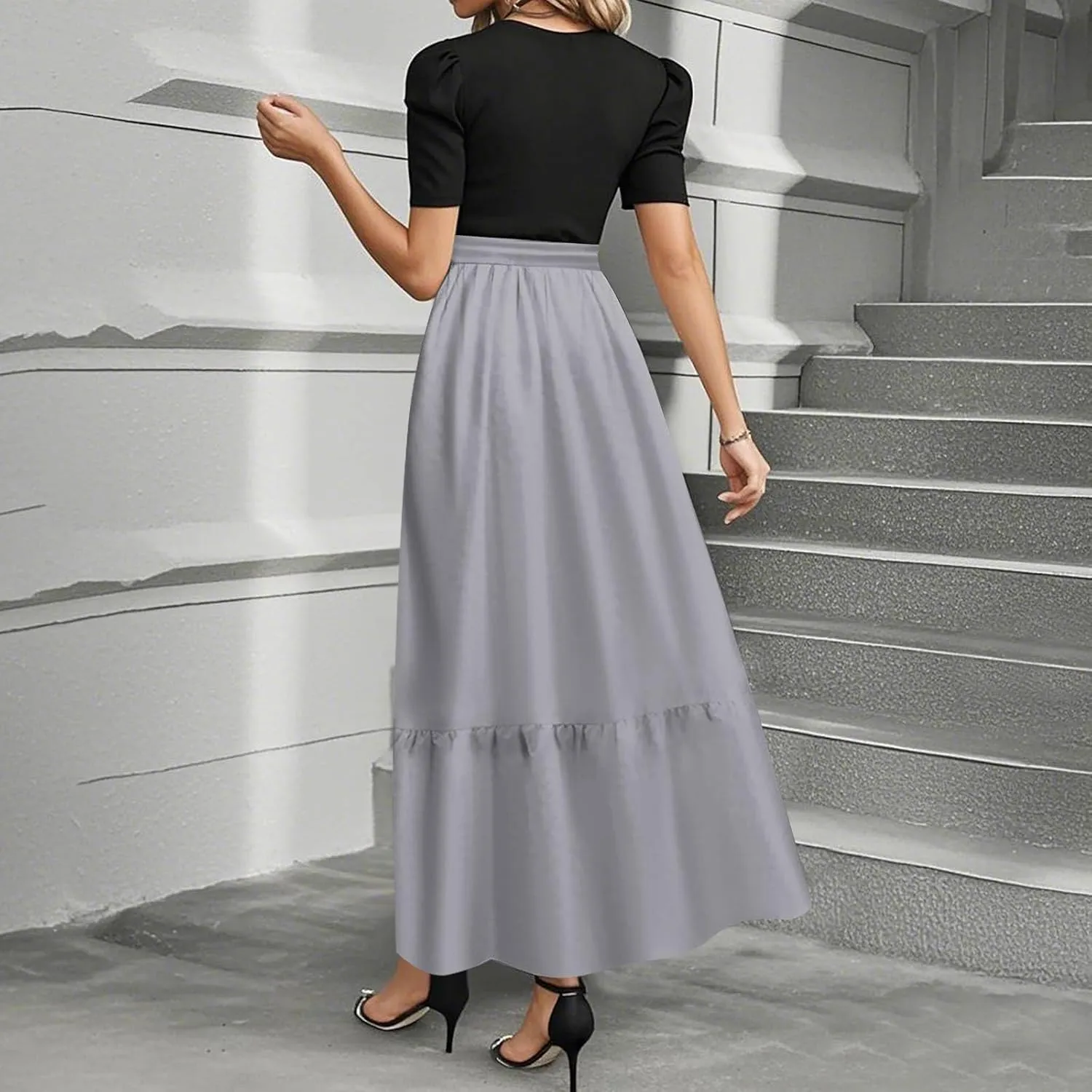 Summer Dresses for Women 2025 Short Sleeve Long Sundress Patchwork Maxi Dress Flowy Floral Ruffle Hem a Line Dress