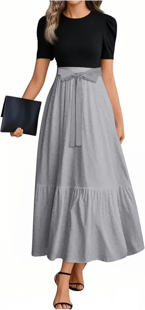 Summer Dresses for Women 2025 Short Sleeve Long Sundress Patchwork Maxi Dress Flowy Floral Ruffle Hem a Line Dress