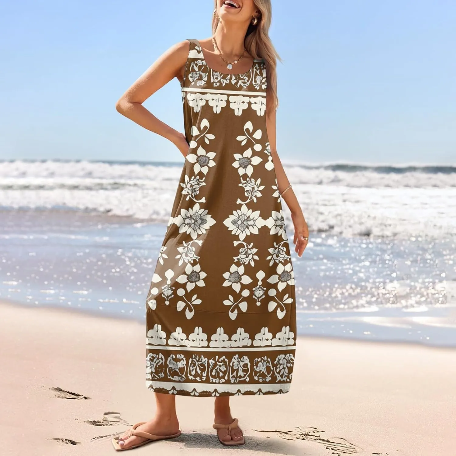 Summer Dresses for Women 2025 Sleeveless Bohemian Maxi Dress with Pockets Floral Print Maxi Sundress Beach Vacation