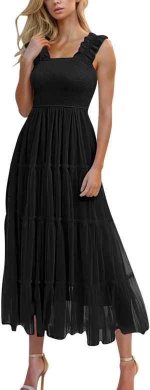 Summer Dresses for Women 2025 Square Neck Puff Sleeve Smocked Wedding Guest Maxi Dress Tiered Flowy Spring Fall Dress