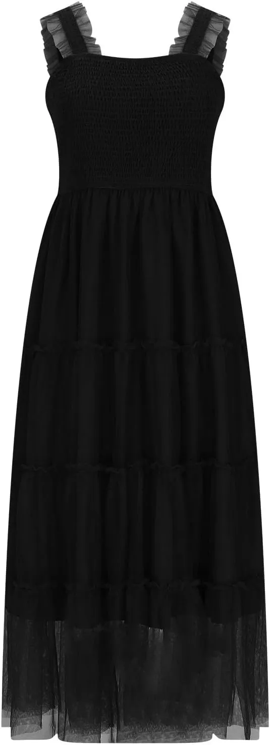 Summer Dresses for Women 2025 Square Neck Puff Sleeve Smocked Wedding Guest Maxi Dress Tiered Flowy Spring Fall Dress