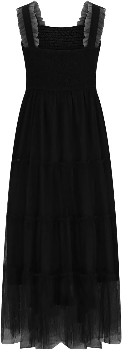 Summer Dresses for Women 2025 Square Neck Puff Sleeve Smocked Wedding Guest Maxi Dress Tiered Flowy Spring Fall Dress