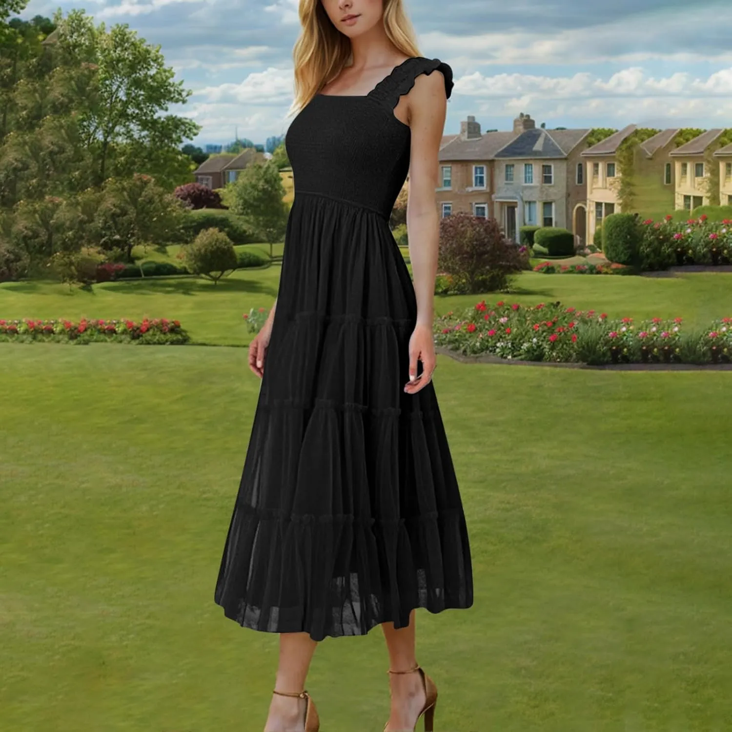 Summer Dresses for Women 2025 Square Neck Puff Sleeve Smocked Wedding Guest Maxi Dress Tiered Flowy Spring Fall Dress