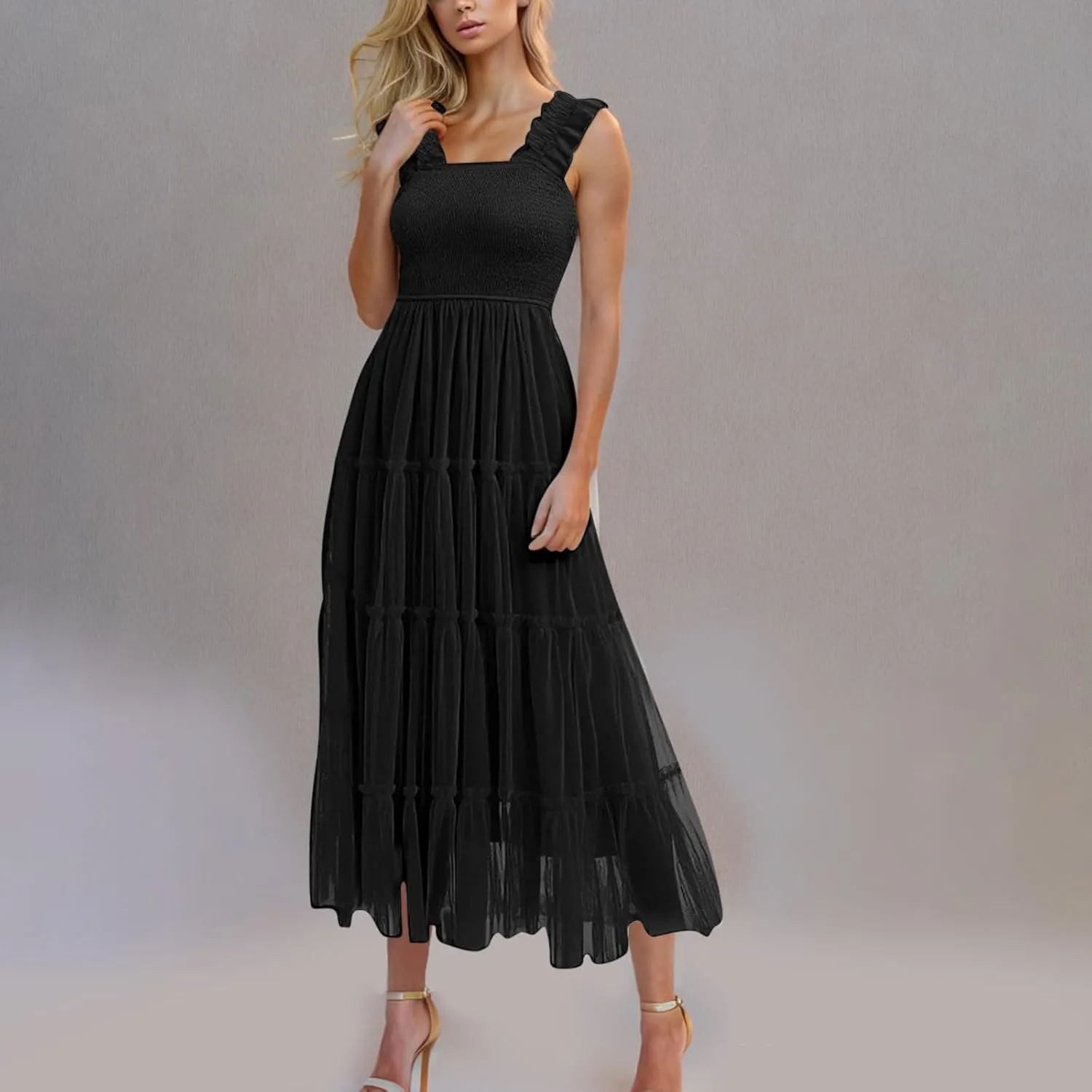 Summer Dresses for Women 2025 Square Neck Puff Sleeve Smocked Wedding Guest Maxi Dress Tiered Flowy Spring Fall Dress