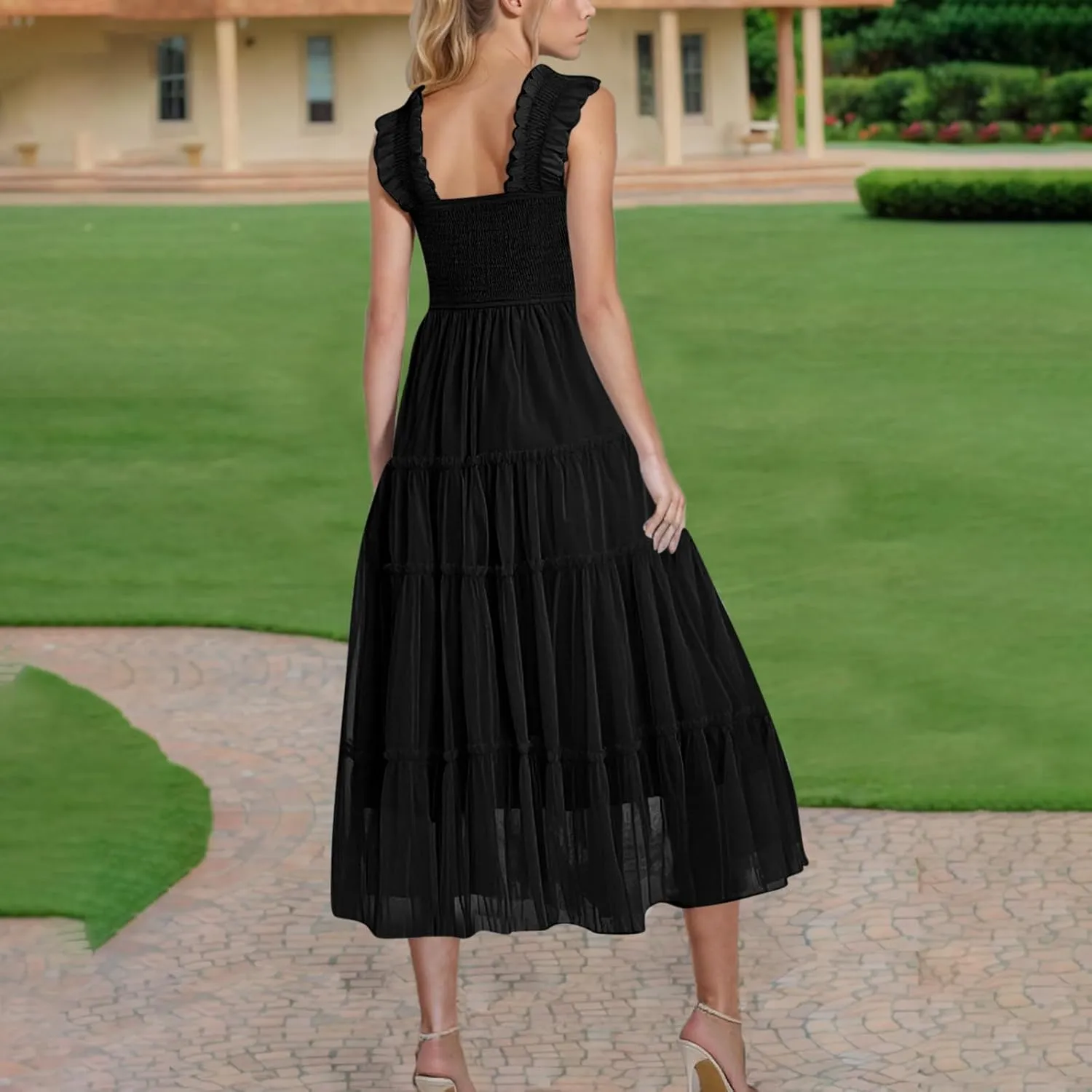 Summer Dresses for Women 2025 Square Neck Puff Sleeve Smocked Wedding Guest Maxi Dress Tiered Flowy Spring Fall Dress