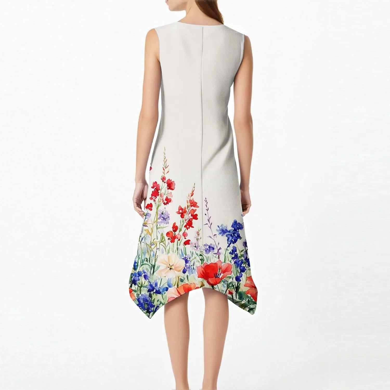 Summer Dresses for Women Crewneck Sleeveless Irregular Hem Midi Dress Trendy Floral Printed Beach Vacation Sundress