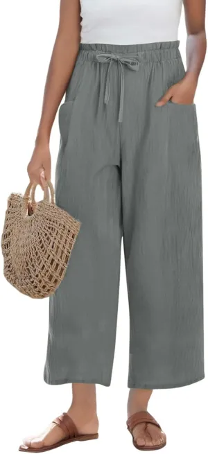 Summer Linen Pants for Women 2025 High Waist Elastic Straight Leg Palazzo Pant Lightweight Flowy Beach Trousers