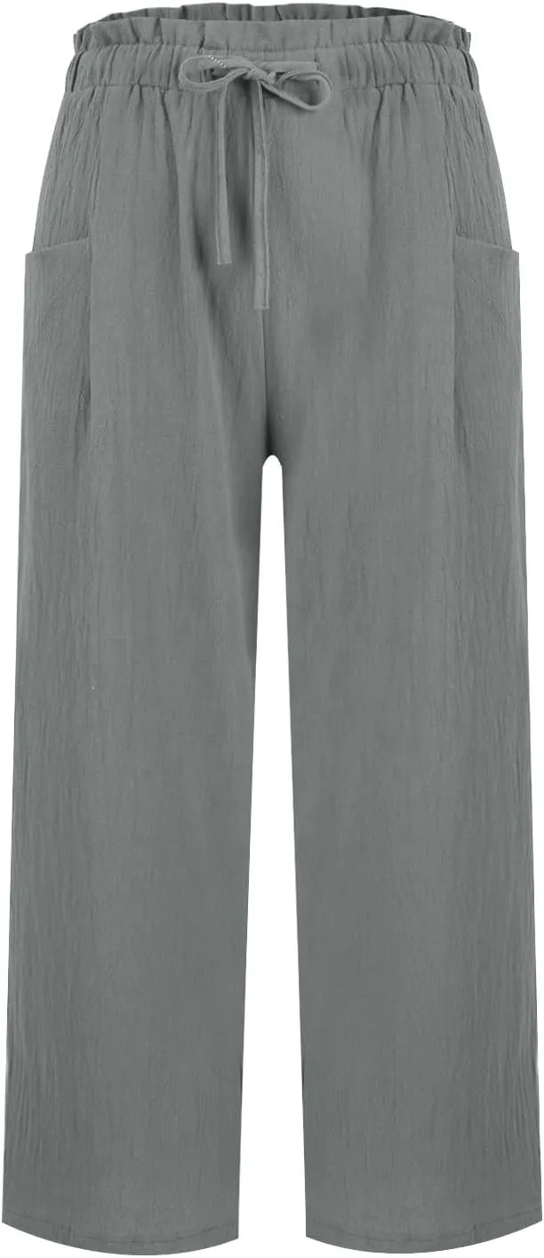 Summer Linen Pants for Women 2025 High Waist Elastic Straight Leg Palazzo Pant Lightweight Flowy Beach Trousers