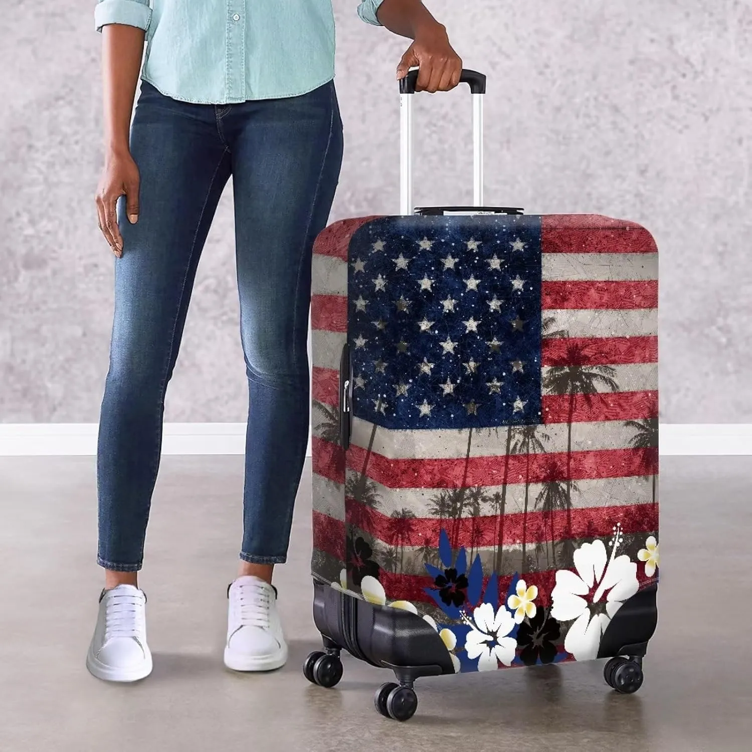 TODIYADDU American Flag Flowers Thick Elastic Luggage Protective Cover Fashion Trolley Case for Suitcase Cover Baggage Travel Bag Cases Fits for Kids & Adult Reusable Dust Cover for Luggage, L
