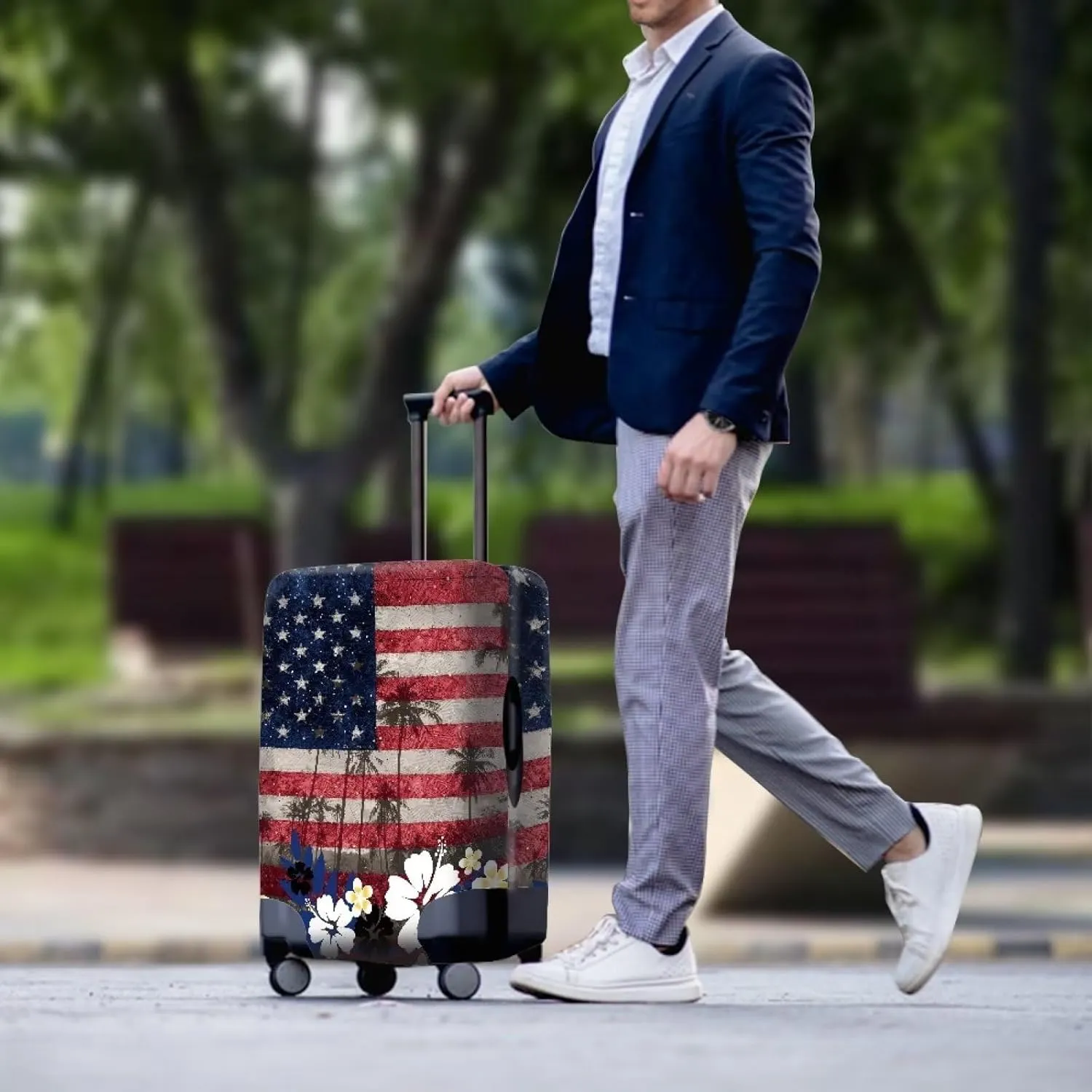 TODIYADDU American Flag Flowers Thick Elastic Luggage Protective Cover Fashion Trolley Case for Suitcase Cover Baggage Travel Bag Cases Fits for Kids & Adult Reusable Dust Cover for Luggage, L