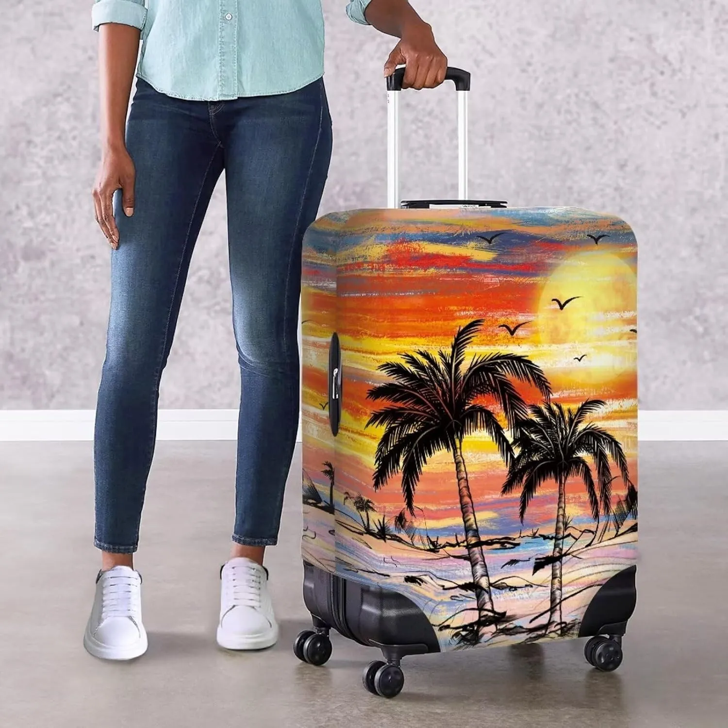 TODIYADDU Beautiful Sunset Coconut Tree Elastic Luggage Protective Covers for 18-32 inch Trolley Suitcase Protect Dust Bag Case Novelty Travel Accessories Waterproof Luggage Jacket, L