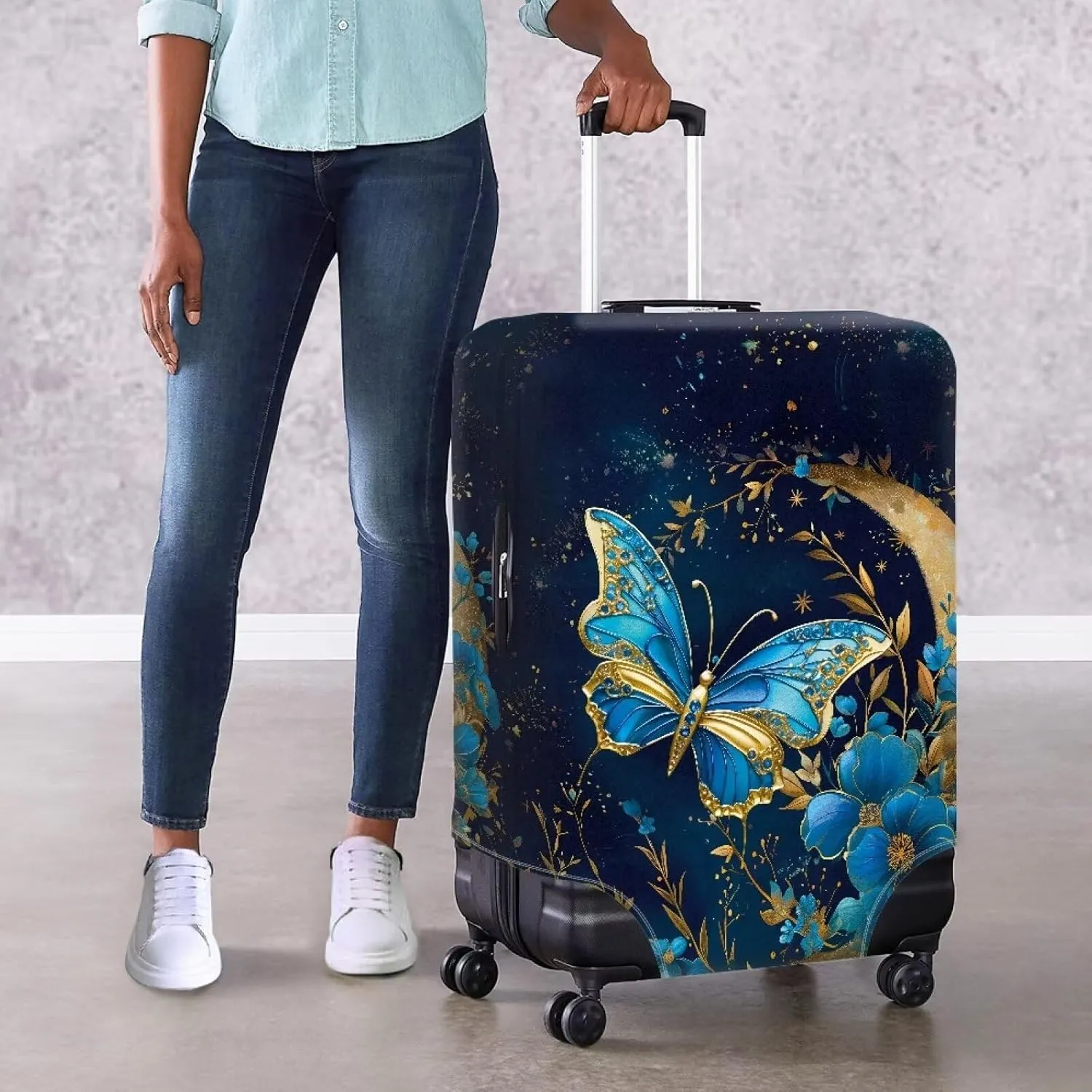 TODIYADDU Blue Butterfly Luggage Covers with Zipper Floral Moon Suitcase Protector Dustproof Suitcase Cover Trendy Luggage Travel Suitcase Protective Cover Fits 18"-32" inch Luggage Gifts, L