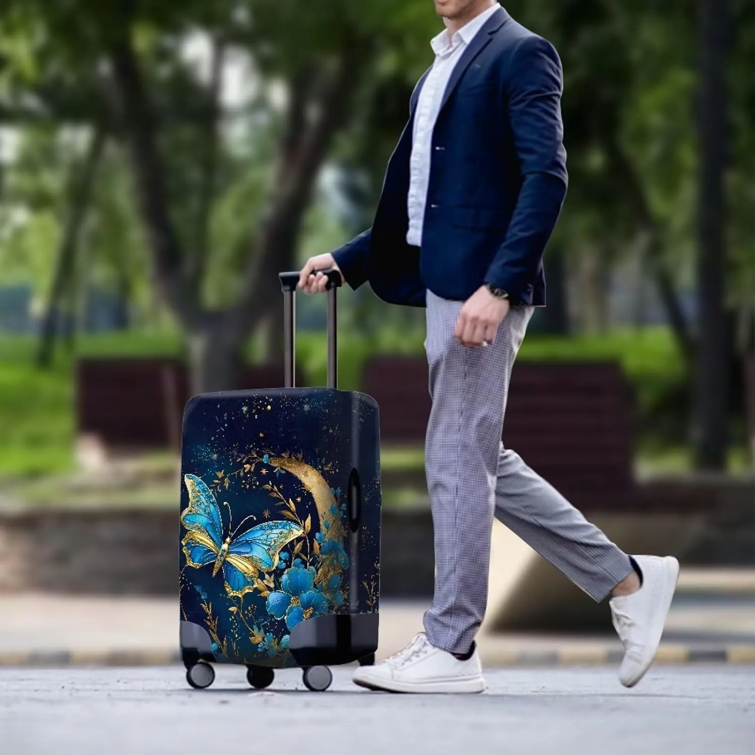 TODIYADDU Blue Butterfly Luggage Covers with Zipper Floral Moon Suitcase Protector Dustproof Suitcase Cover Trendy Luggage Travel Suitcase Protective Cover Fits 18"-32" inch Luggage Gifts, L