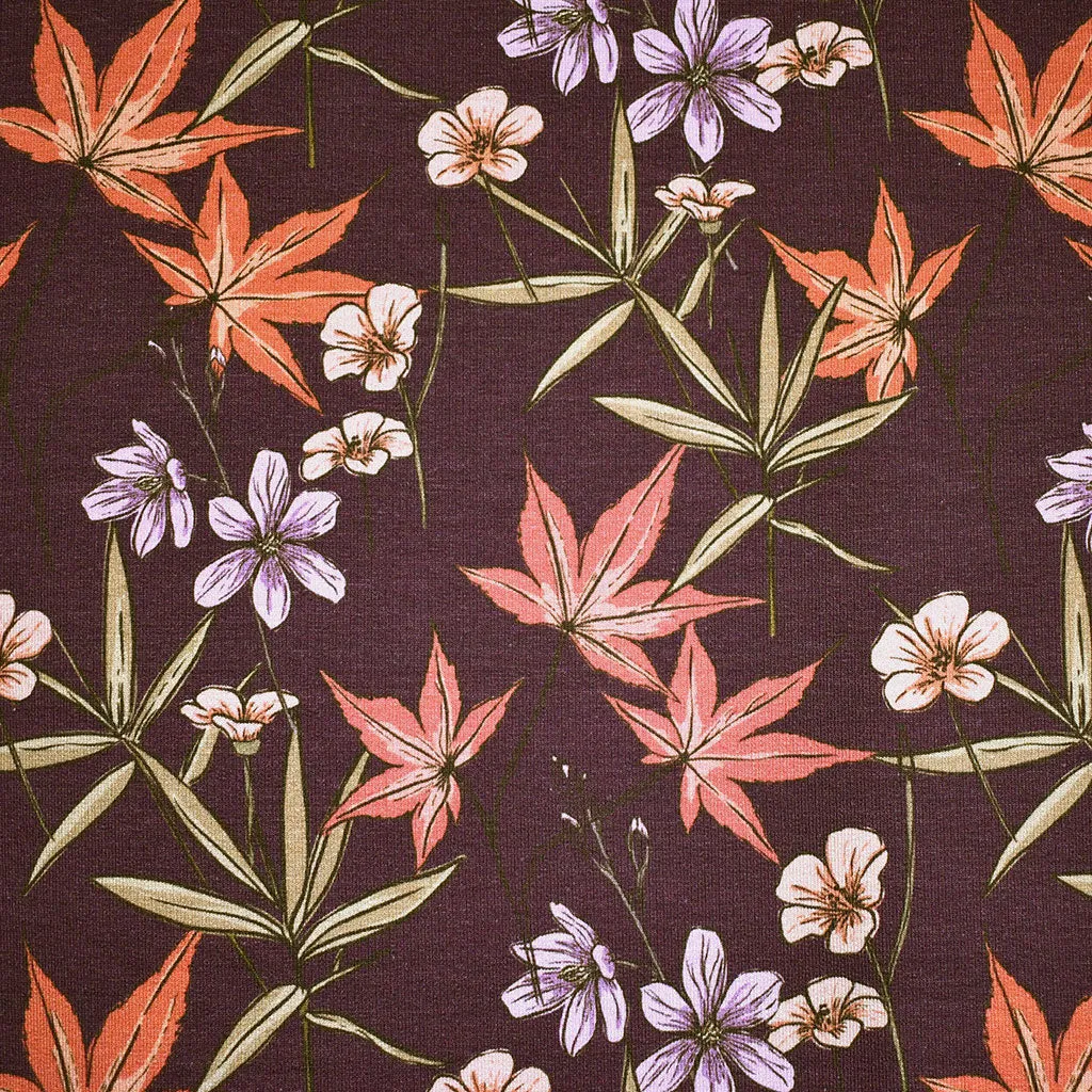 Tossed Maple Leaves Cotton Modal French Terry Plum