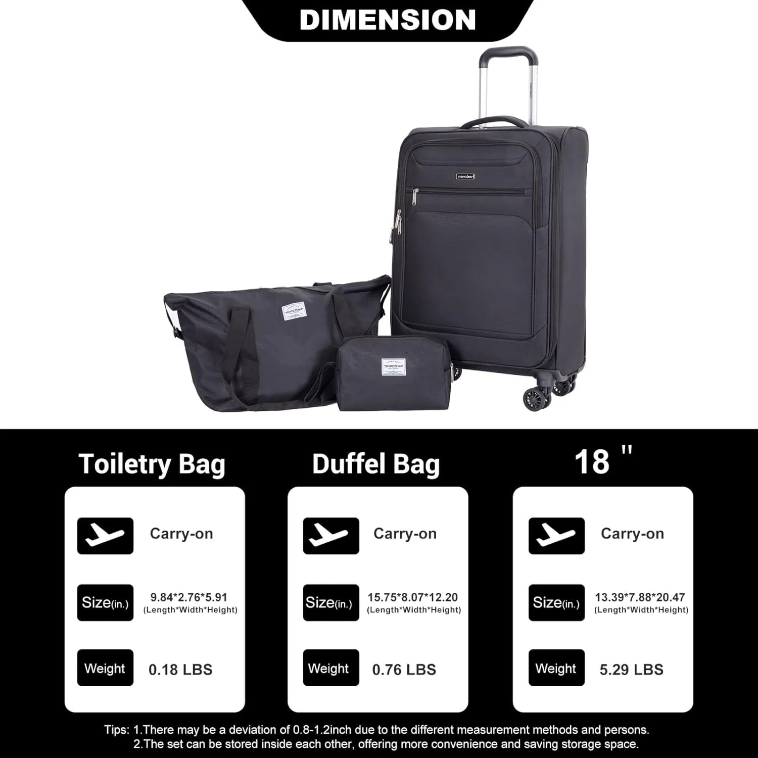 Tripcomp 2 Piece Luggage Set Softside, Lightweight Carry on Suitcase with Double Spinner Wheels and Travel Duffle Bag (3 Piece set (DB/TB), BLACK)