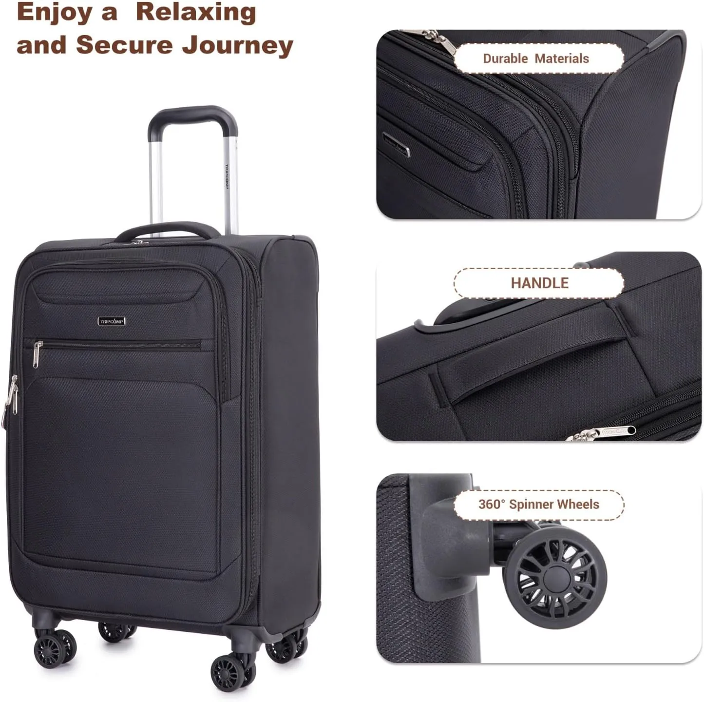Tripcomp 2 Piece Luggage Set Softside, Lightweight Carry on Suitcase with Double Spinner Wheels and Travel Duffle Bag (3 Piece set (DB/TB), BLACK)