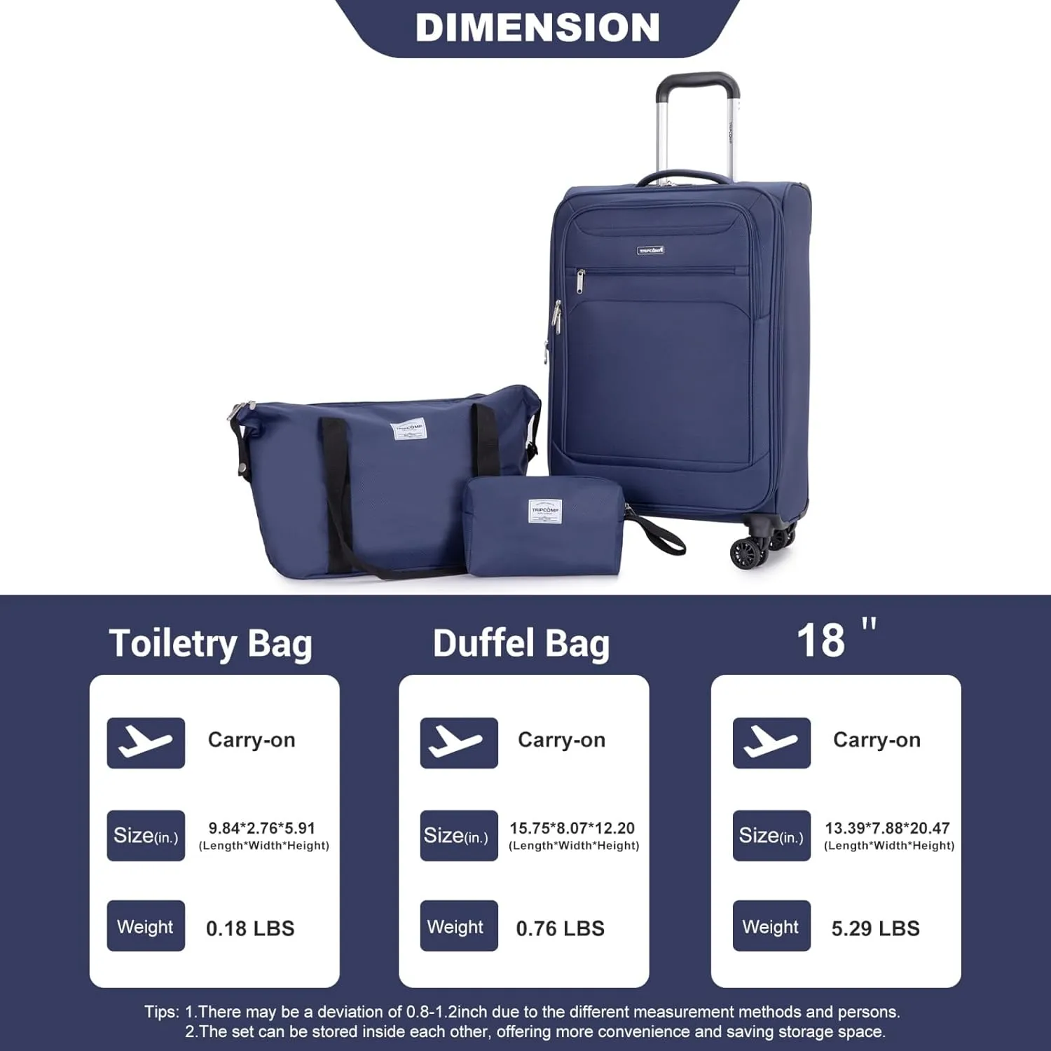 Tripcomp 2 Piece Luggage Set Softside, Lightweight Carry on Suitcase with Double Spinner Wheels and Travel Duffle Bag (3 Piece set (DB/TB), BLUE)