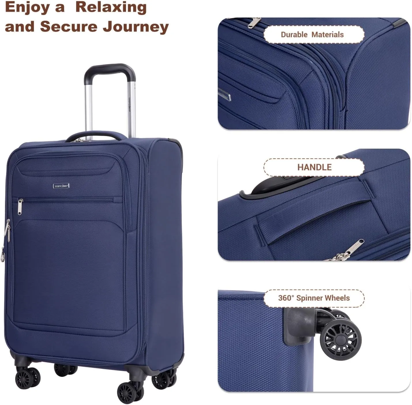 Tripcomp 2 Piece Luggage Set Softside, Lightweight Carry on Suitcase with Double Spinner Wheels and Travel Duffle Bag (3 Piece set (DB/TB), BLUE)