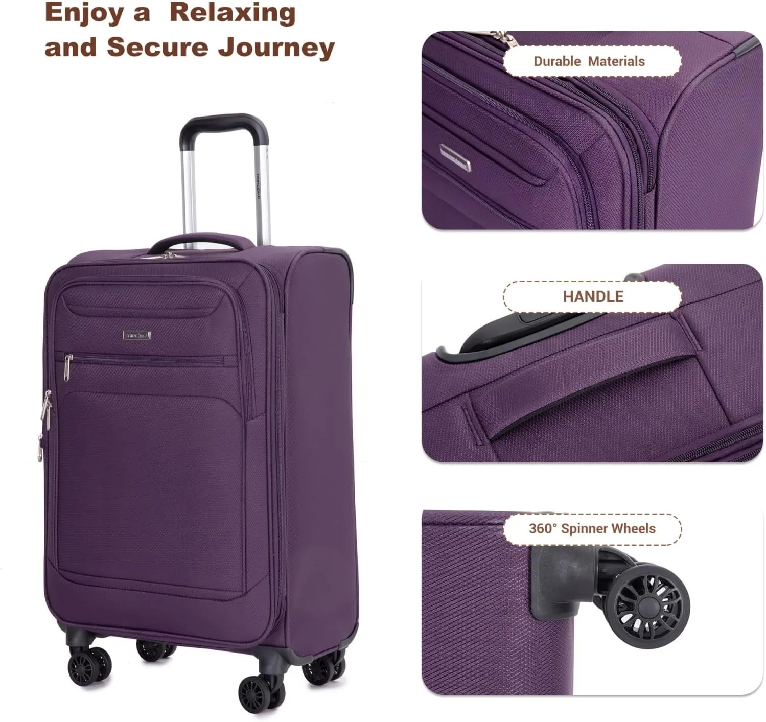 Tripcomp 2 Piece Luggage Set Softside, Lightweight Carry on Suitcase with Double Spinner Wheels and Travel Duffle Bag (3 Piece set (DB/TB), PURPLE)