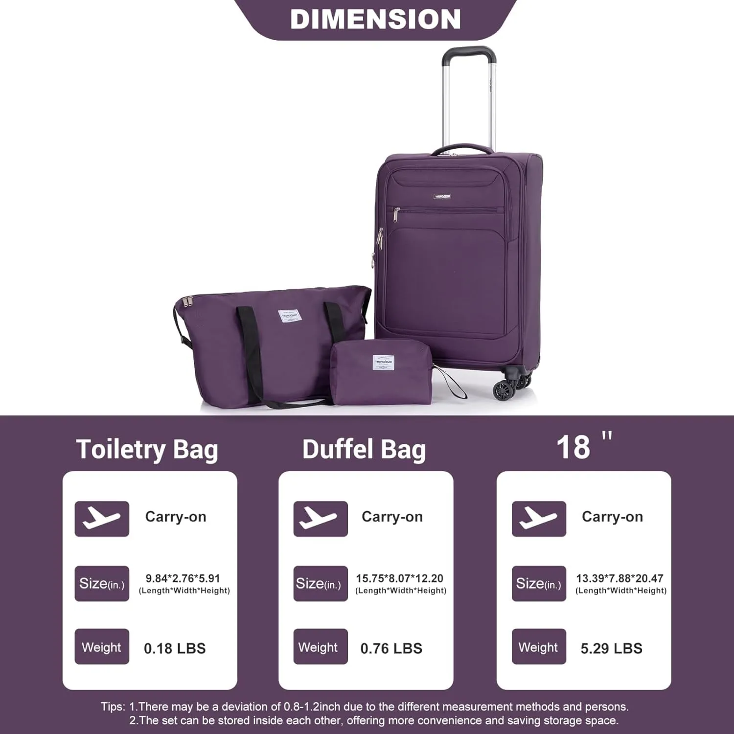 Tripcomp 2 Piece Luggage Set Softside, Lightweight Carry on Suitcase with Double Spinner Wheels and Travel Duffle Bag (3 Piece set (DB/TB), PURPLE)