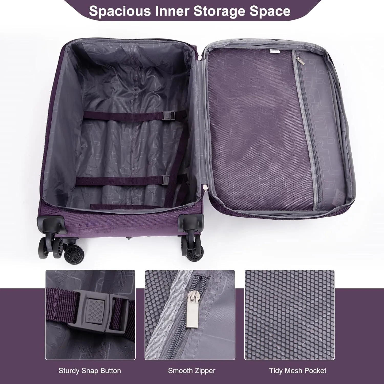Tripcomp 2 Piece Luggage Set Softside, Lightweight Carry on Suitcase with Double Spinner Wheels and Travel Duffle Bag (3 Piece set (DB/TB), PURPLE)