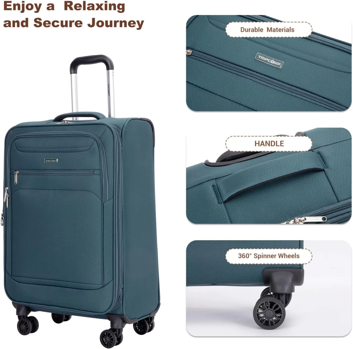 Tripcomp Luggage Sets 5 Piece with Spinner Wheel,Expandable Softside Luggage Sets with Travel Duffel Bag,Lightweight Travel Luggage set (3 Piece set (DB/TB), GREEN)