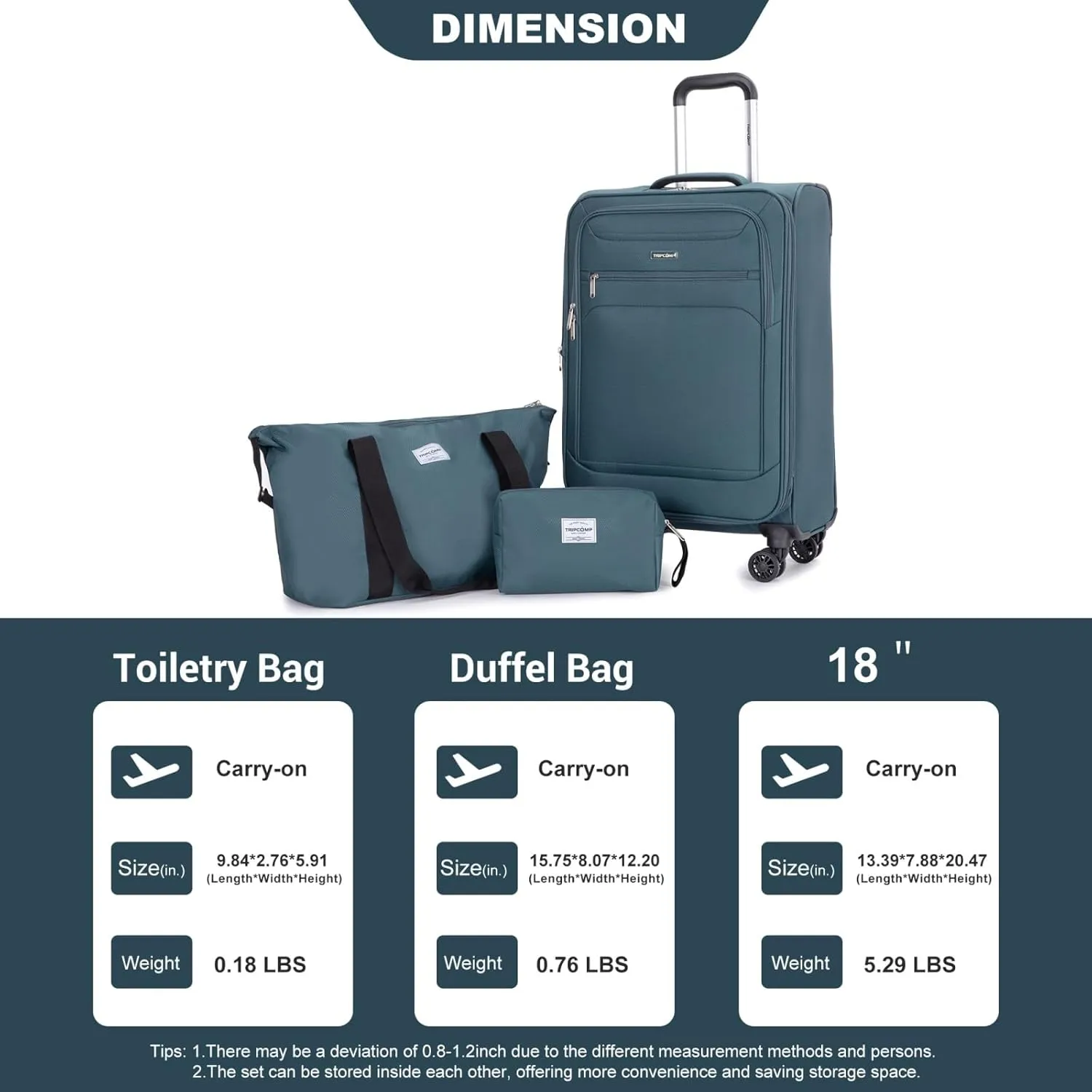 Tripcomp Luggage Sets 5 Piece with Spinner Wheel,Expandable Softside Luggage Sets with Travel Duffel Bag,Lightweight Travel Luggage set (3 Piece set (DB/TB), GREEN)