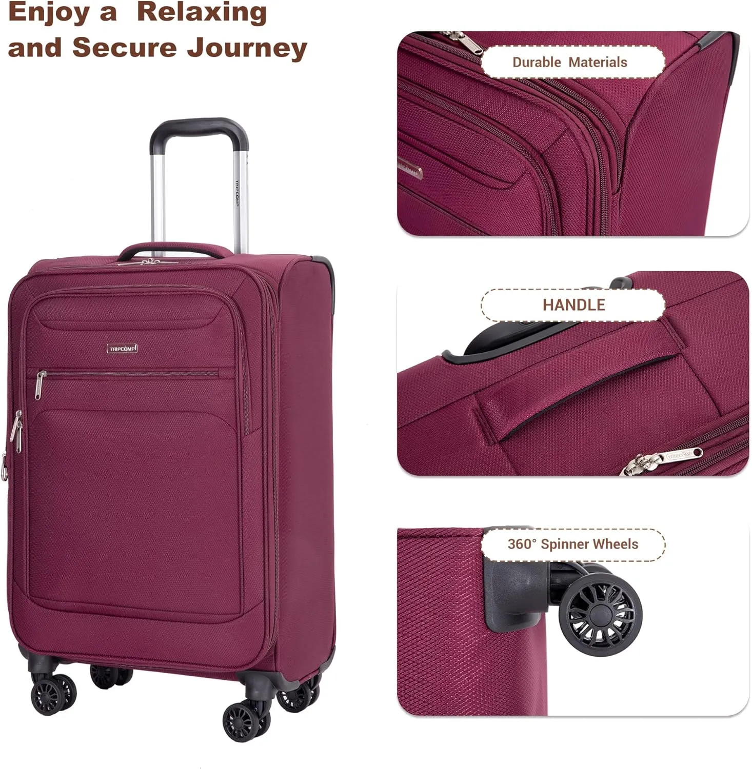 Tripcomp Luggage Sets 5 Piece with Spinner Wheel,Expandable Softside Luggage Sets with Travel Duffel Bag,Lightweight Travel Luggage set (3 Piece set (DB/TB), RED)