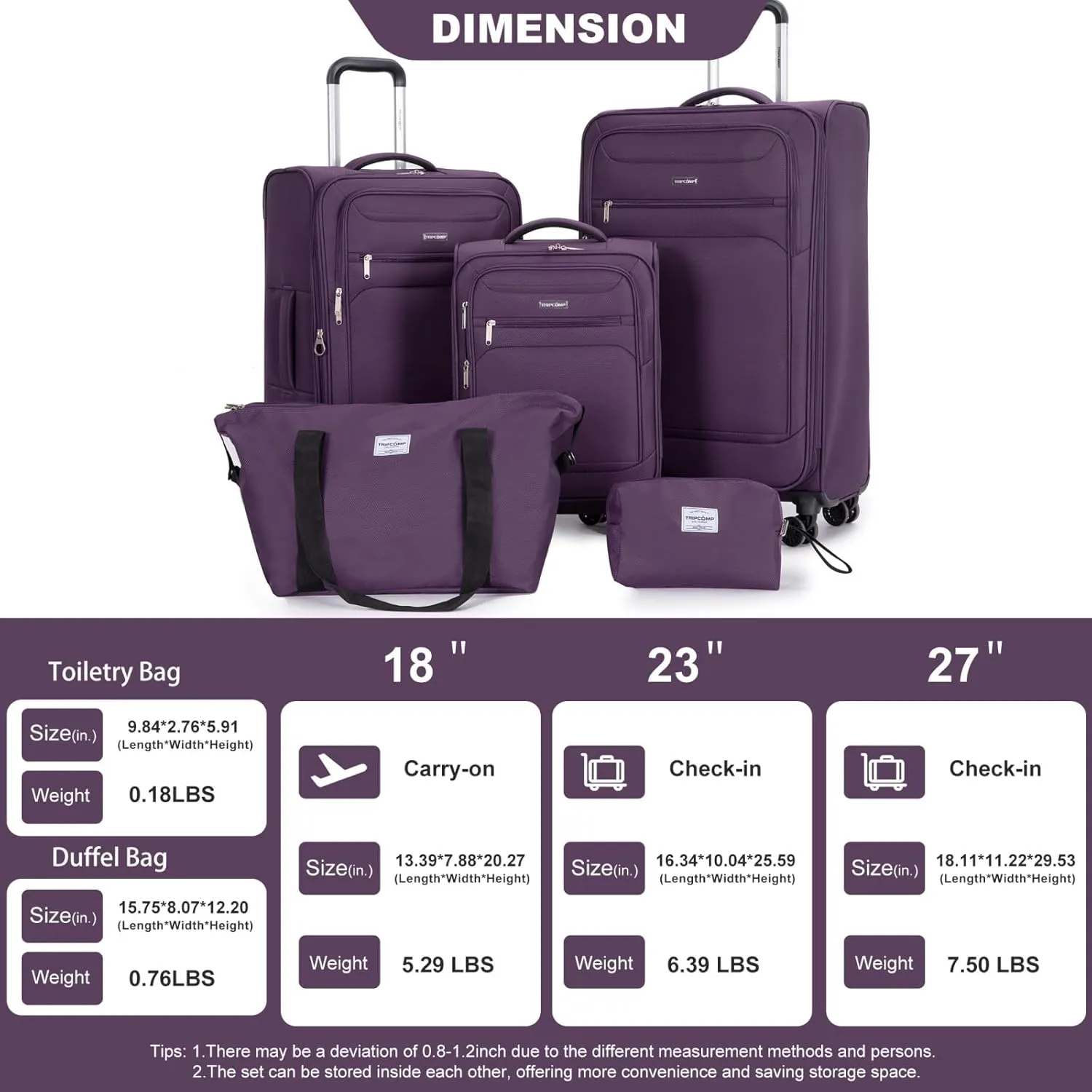 Tripcomp Luggage Sets 5 Piece with Spinner Wheel,Expandable Softside Luggage Sets with Travel Duffel Bag,Lightweight Travel Luggage set (5 PIECE SET, PURPLE)