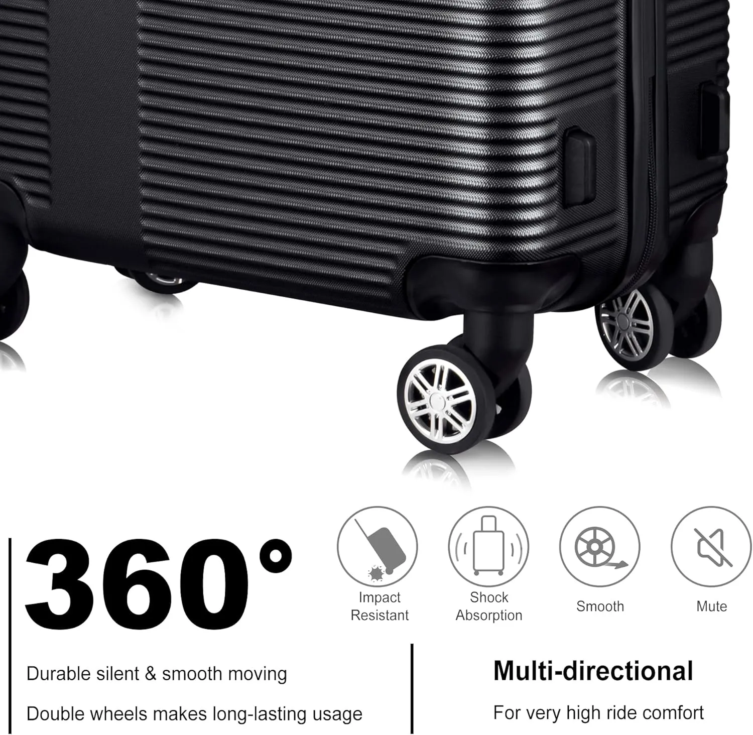 VANELC 3 Piece Luggage Sets with TSA Lock ABS, Durable Luggage Set, Lightweight Suitcase with Hooks, Spinner Wheels, Cross Stripe Luggage Sets 20in/24in/28in (Black, 3PCS)