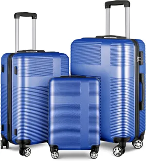 VANELC 3 Piece Luggage Sets with TSA Lock ABS, Durable Luggage Set, Lightweight Suitcase with Hooks, Spinner Wheels, Cross Stripe Luggage Sets 20in/24in/28in (Blue, 3PCS)
