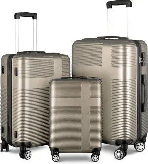 VANELC 3 Piece Luggage Sets with TSA Lock ABS, Durable Luggage Set, Lightweight Suitcase with Hooks, Spinner Wheels, Cross Stripe Luggage Sets 20in/24in/28in (Champagne, 3PCS)