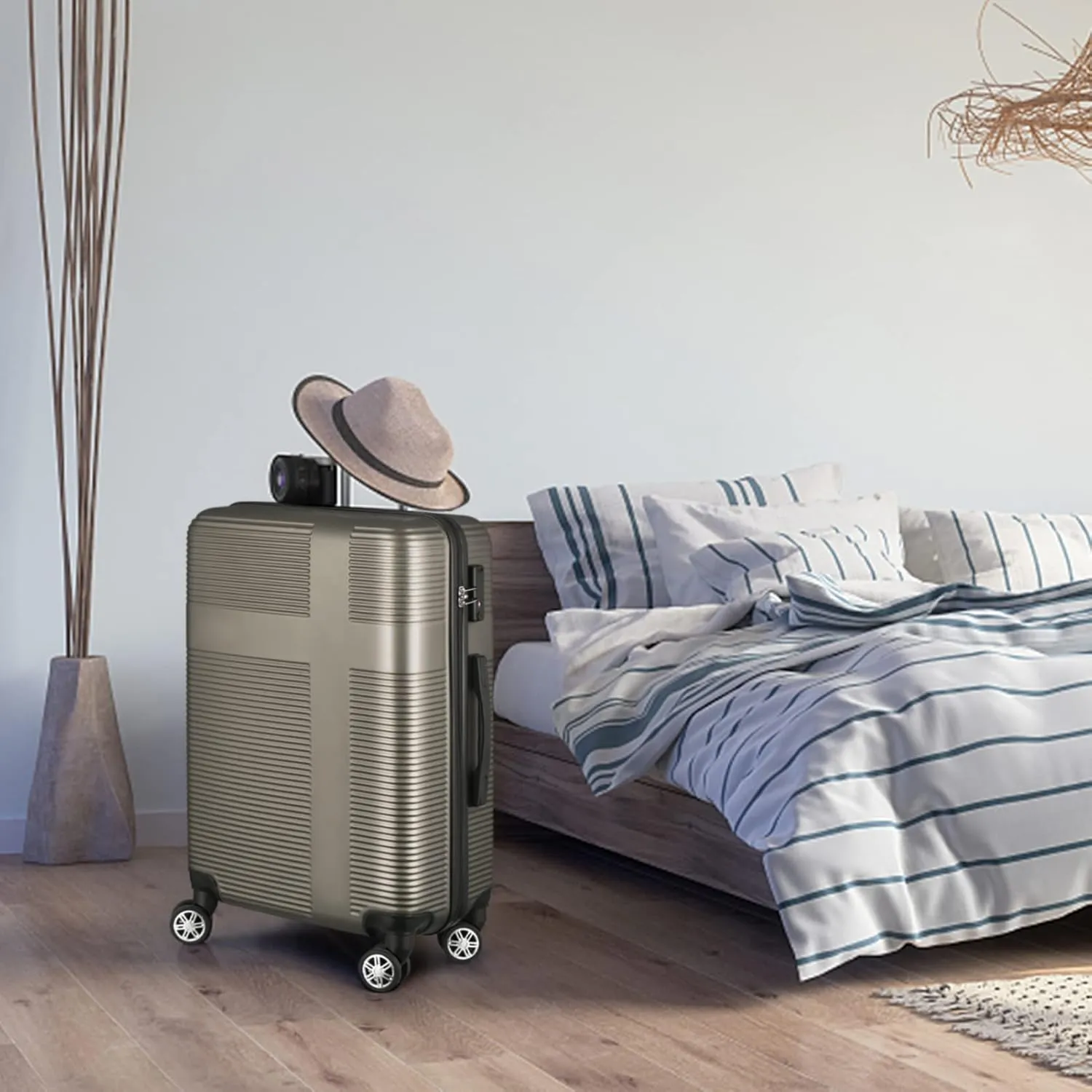 VANELC 3 Piece Luggage Sets with TSA Lock ABS, Durable Luggage Set, Lightweight Suitcase with Hooks, Spinner Wheels, Cross Stripe Luggage Sets 20in/24in/28in (Champagne, 3PCS)