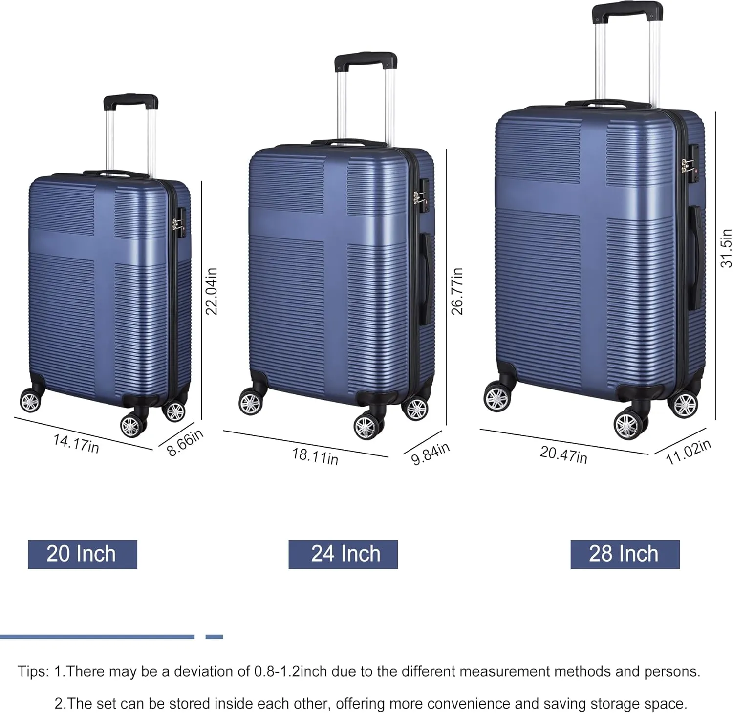 VANELC 3 Piece Luggage Sets with TSA Lock ABS, Durable Luggage Set, Lightweight Suitcase with Hooks, Spinner Wheels, Cross Stripe Luggage Sets 20in/24in/28in (Dark Blue, 3PCS)