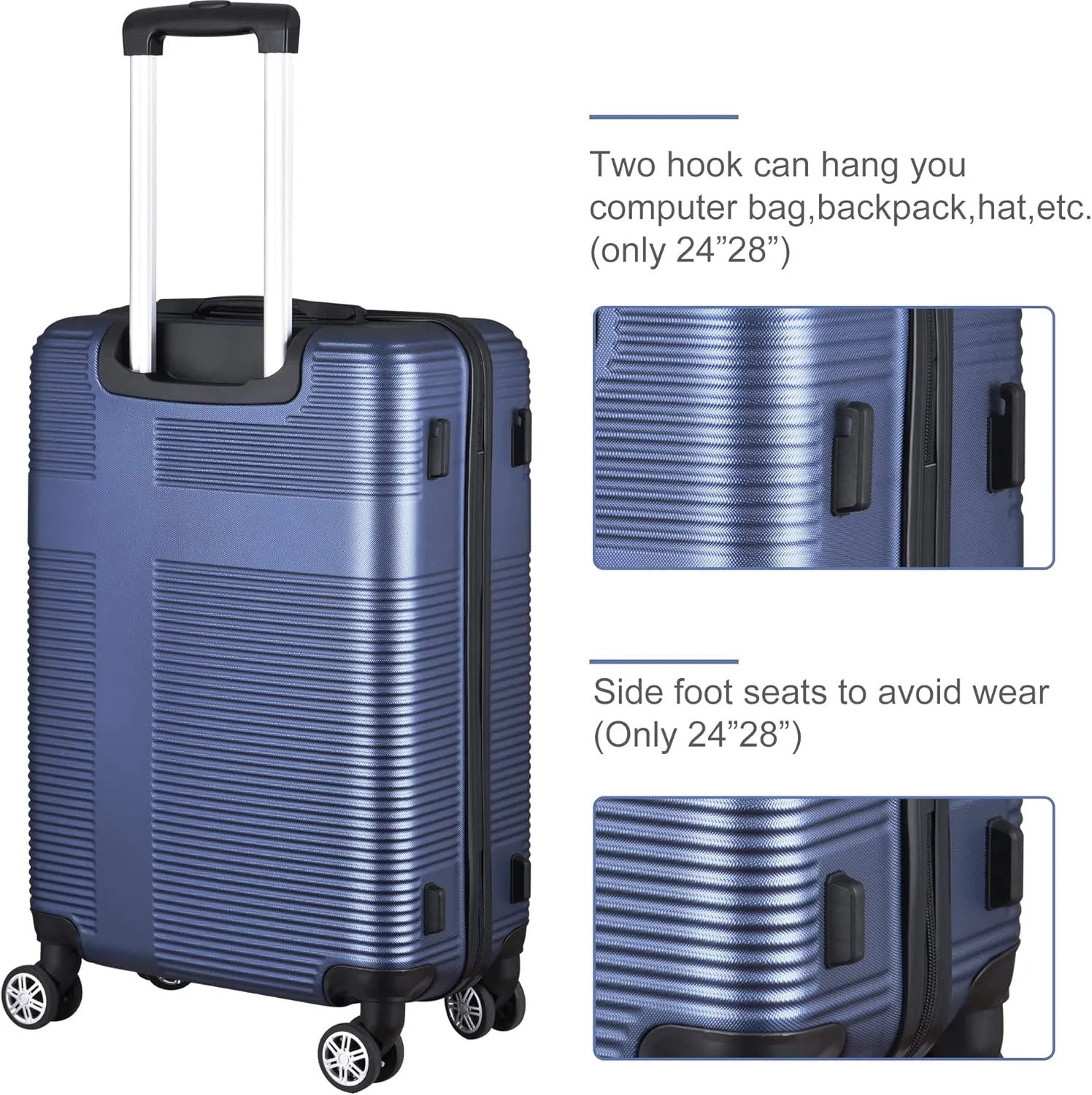 VANELC 3 Piece Luggage Sets with TSA Lock ABS, Durable Luggage Set, Lightweight Suitcase with Hooks, Spinner Wheels, Cross Stripe Luggage Sets 20in/24in/28in (Dark Blue, 3PCS)