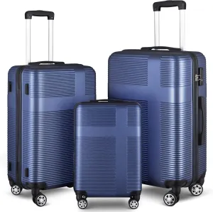 VANELC 3 Piece Luggage Sets with TSA Lock ABS, Durable Luggage Set, Lightweight Suitcase with Hooks, Spinner Wheels, Cross Stripe Luggage Sets 20in/24in/28in (Dark Blue, 3PCS)
