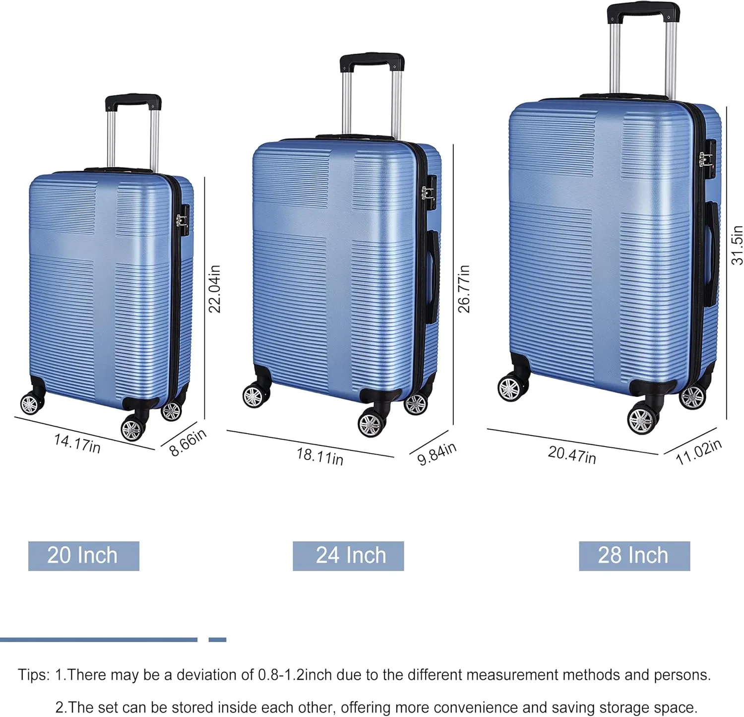VANELC 3 Piece Luggage Sets with TSA Lock ABS, Durable Luggage Set, Lightweight Suitcase with Hooks, Spinner Wheels, Cross Stripe Luggage Sets 20in/24in/28in (Light Blue, 3PCS)
