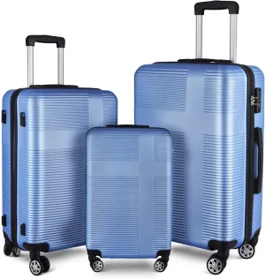 VANELC 3 Piece Luggage Sets with TSA Lock ABS, Durable Luggage Set, Lightweight Suitcase with Hooks, Spinner Wheels, Cross Stripe Luggage Sets 20in/24in/28in (Light Blue, 3PCS)