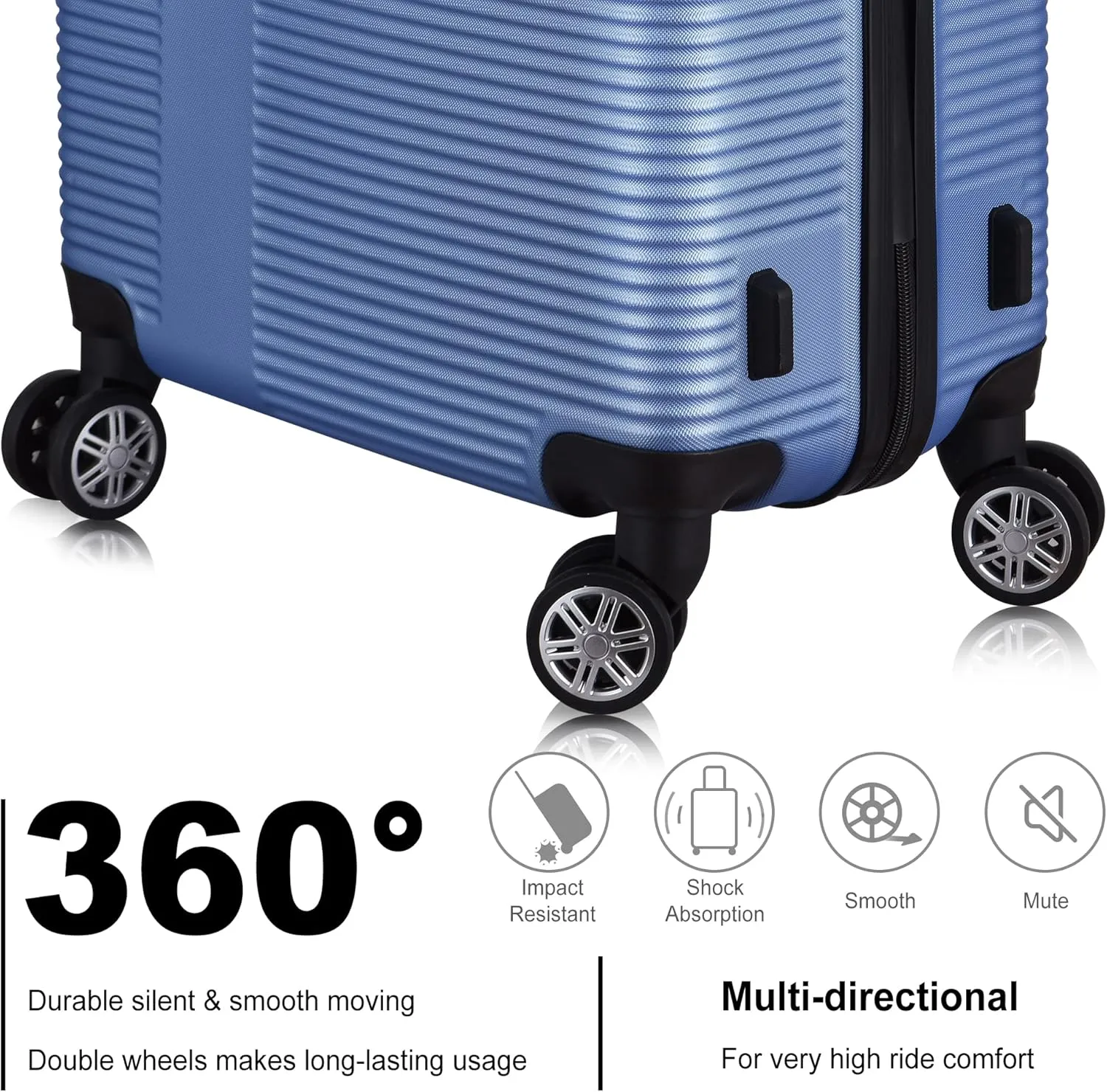 VANELC 3 Piece Luggage Sets with TSA Lock ABS, Durable Luggage Set, Lightweight Suitcase with Hooks, Spinner Wheels, Cross Stripe Luggage Sets 20in/24in/28in (Light Blue, 3PCS)
