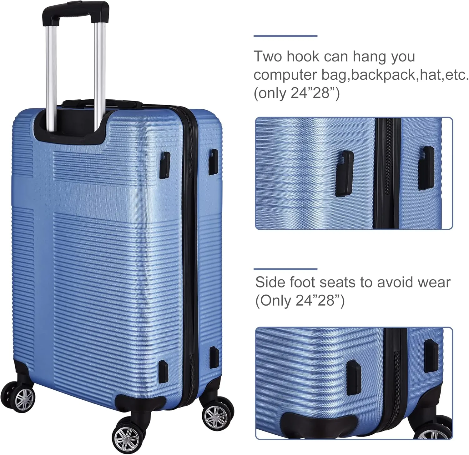 VANELC 3 Piece Luggage Sets with TSA Lock ABS, Durable Luggage Set, Lightweight Suitcase with Hooks, Spinner Wheels, Cross Stripe Luggage Sets 20in/24in/28in (Light Blue, 3PCS)