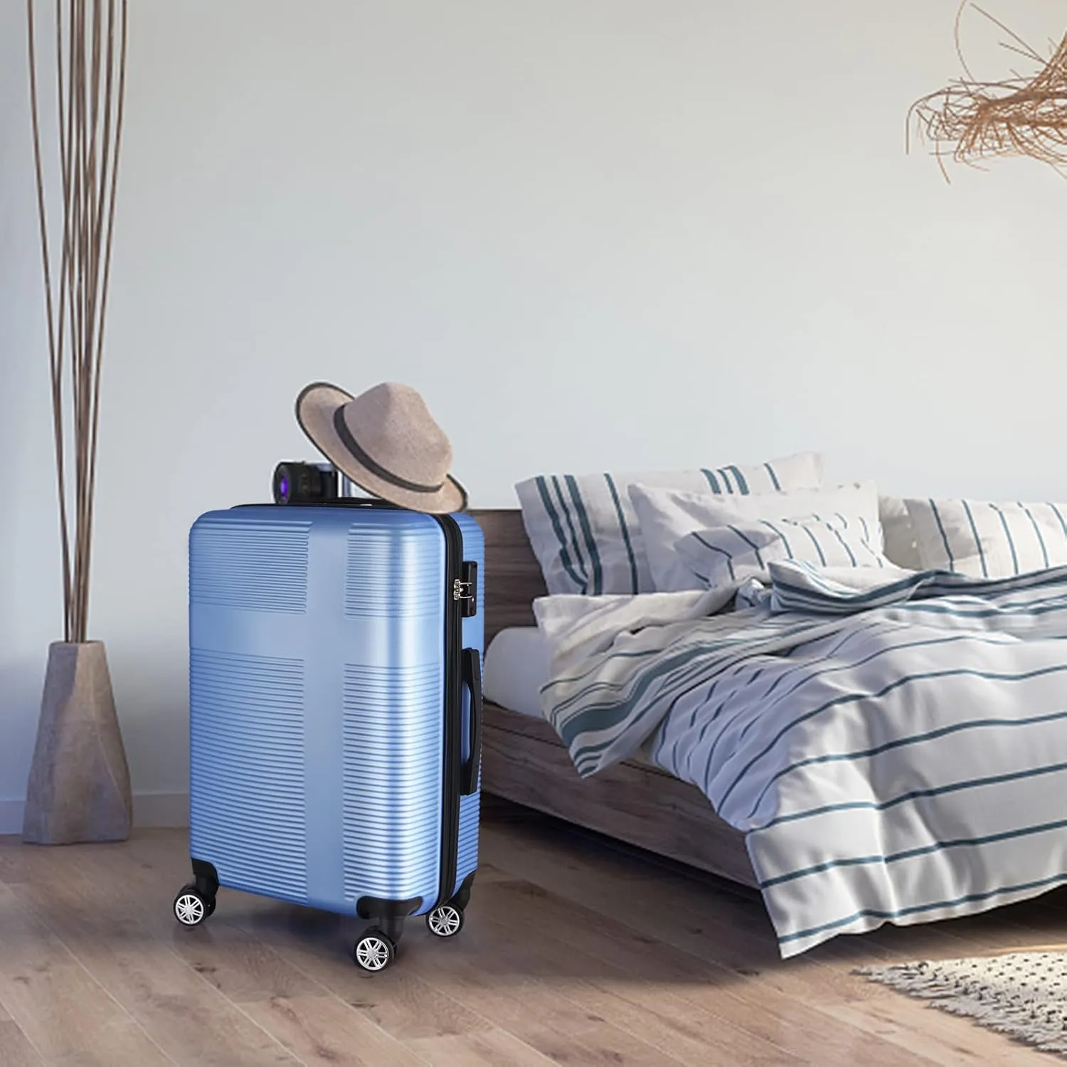 VANELC 3 Piece Luggage Sets with TSA Lock ABS, Durable Luggage Set, Lightweight Suitcase with Hooks, Spinner Wheels, Cross Stripe Luggage Sets 20in/24in/28in (Light Blue, 3PCS)