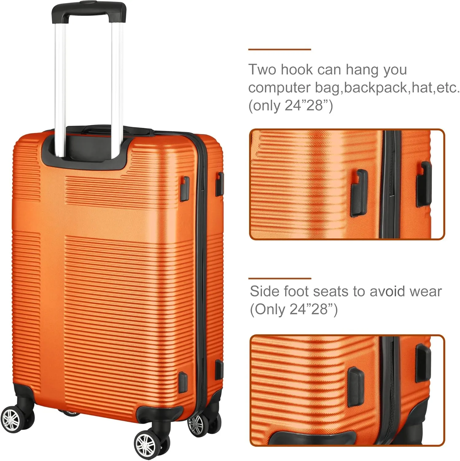 VANELC 3 Piece Luggage Sets with TSA Lock ABS, Durable Luggage Set, Lightweight Suitcase with Hooks, Spinner Wheels, Cross Stripe Luggage Sets 20in/24in/28in (Orange, 3PCS)