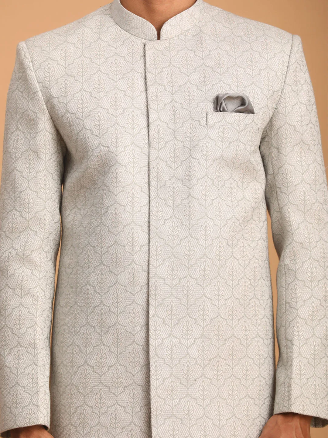 VASTRAMAY Grey Leaf Motif Jacquard Sherwani