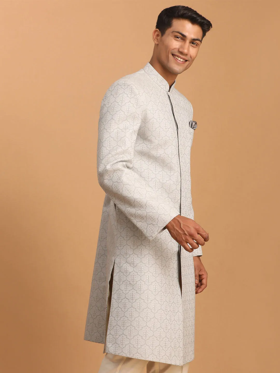 VASTRAMAY Grey Leaf Motif Jacquard Sherwani